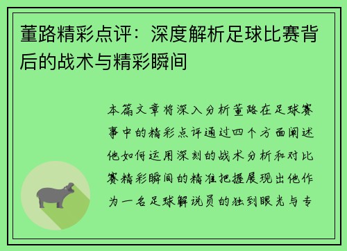 董路精彩点评：深度解析足球比赛背后的战术与精彩瞬间