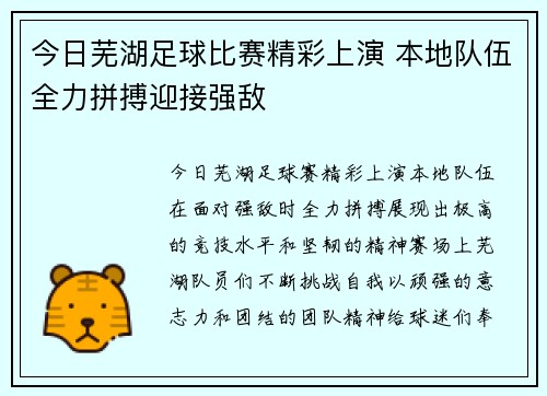 今日芜湖足球比赛精彩上演 本地队伍全力拼搏迎接强敌